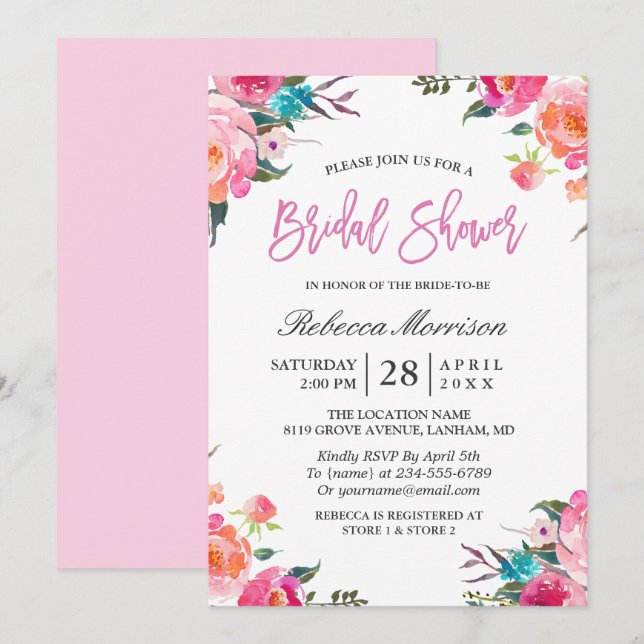 Invitation Fête des mariées de printemps | Aquarelle Botaniqu (Devant / Derrière)