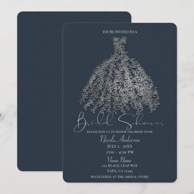 Invitation Fête des mariées de robe botanique en argent bleu  (Devant / Derrière)