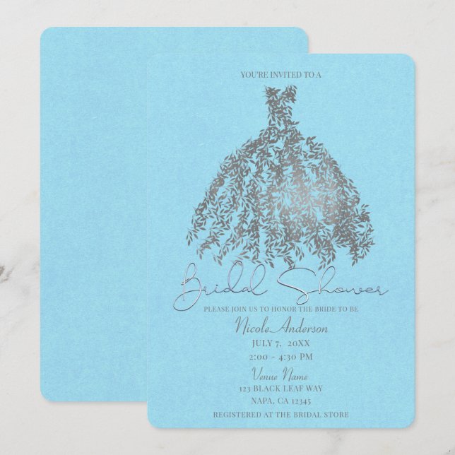 Invitation Fête des mariées de robe botanique en argent et bl (Devant / Derrière)