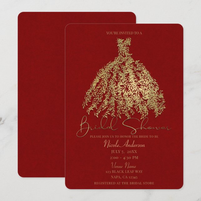 Invitation Fête des mariées de robe botanique rouge or et rus (Devant / Derrière)