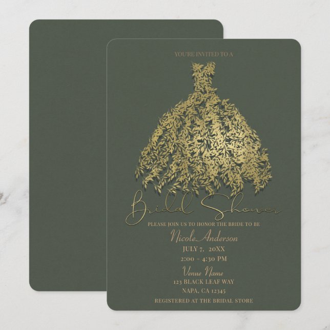 Invitation Fête des mariées de robe botanique verte or et rus (Devant / Derrière)