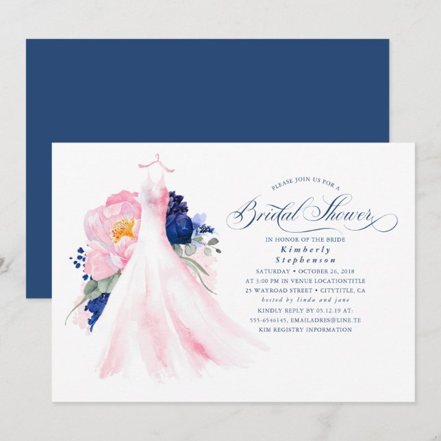 Invitation Fête des mariées de robe florale bleu marine et ro (Devant / Derrière)