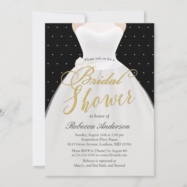 Invitation Fête des mariées de robe Mariage Black White Gold (Devant)