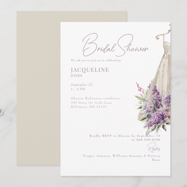 Invitation Fête des mariées de robe Mariage crème et lavande (Devant / Derrière)