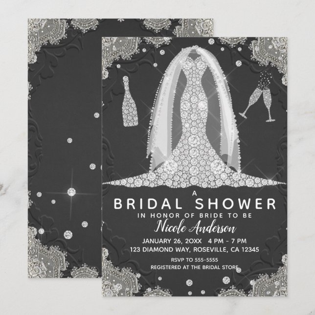 Invitation Fête des mariées de robe Mariage en diamant noir & (Devant / Derrière)