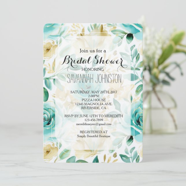 Invitation Fête des mariées de Rose Aqua Mint White Cream Gol (Debout devant)