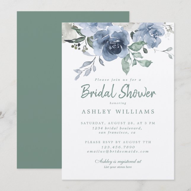 Invitation Fête des mariées de Rose chic Dusty Green Blue (Devant / Derrière)
