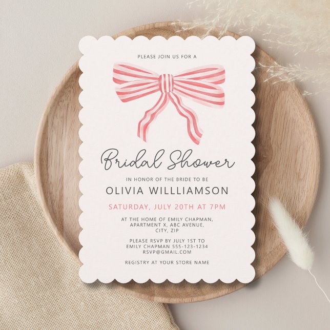Invitation Fête des mariées de rougissement Coquette Bow (Modern blush pink bridal shower invitation with striped bows, coquette aesthetic. Matching range.)