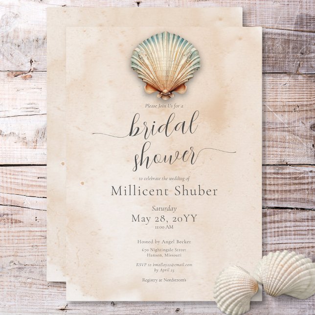 Invitation Fête des mariées de sable moderne de coquillages c (Modern Coastal Seashell Sand Bridal Shower Invitation)