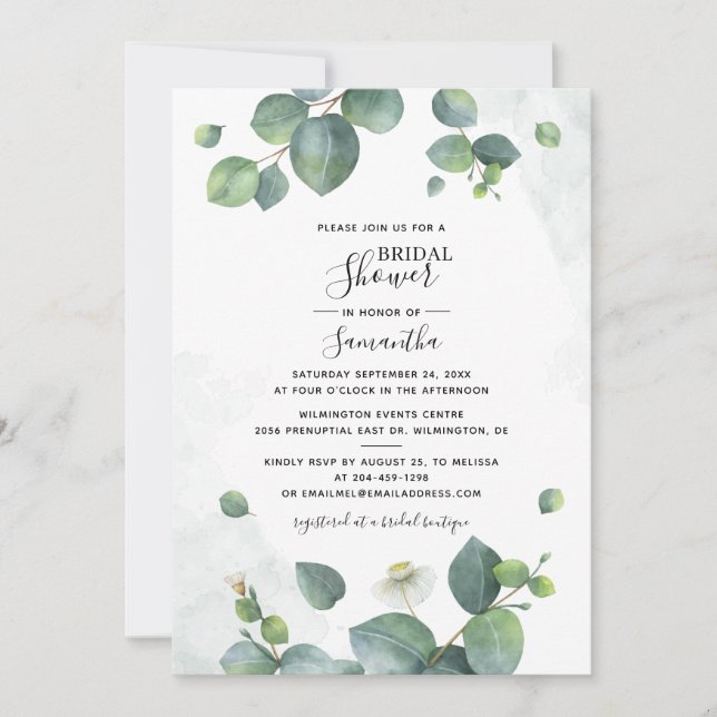Invitation Fête des mariées de script Eucalyptus aquarelle (Devant)