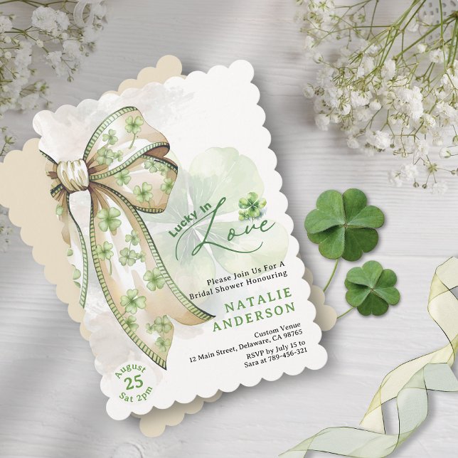 Invitation Fête des mariées de Shamrock d'aquarelle Bow Luck  (Watercolor Shamrock Bow Luck in Love Bridal Shower Invitation)