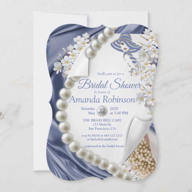 Invitation Fête des mariées de soie bleue et perles d'ivoire (Devant)