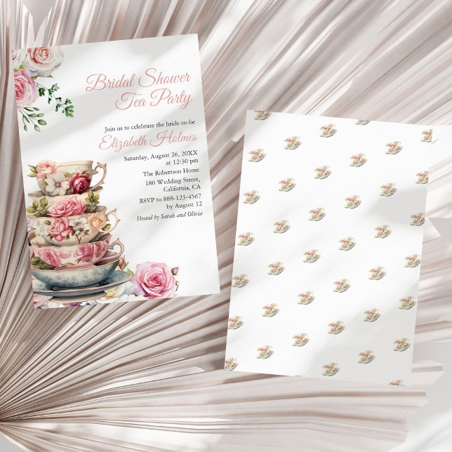 Invitation Fête des mariées de thé à brunch rose pâle Floral (Blush Pink Floral Teacup Bridal Shower Tea Brunch Invitation on a sunny white dry palm leaf.)