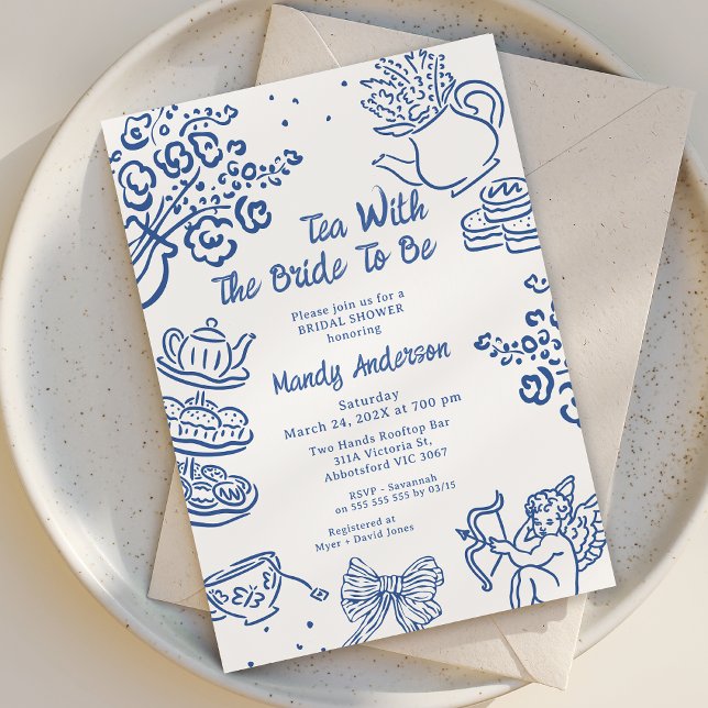 Invitation Fête des mariées de thé cerub dessinée à la main e (Hand Drawn Tea Bridal Shower Invitation, Bridal Shower Tea Invitations, Hand Drawn Bridal Tea Invite)