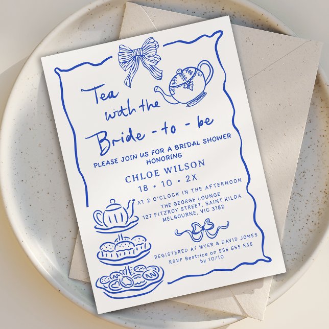 Invitation Fête des mariées de thé dessinée à la main bleue l (Blue Hand Drawn Bridal Tea Invitation, Tea with the Bride to Be Invite, Whimsical Tea Bridal Shower )