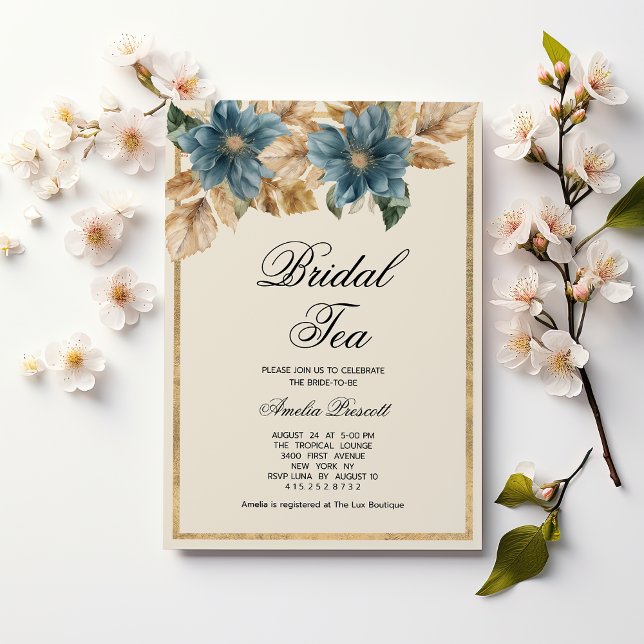 Invitation Fête des mariées de thé floral bleu or (Blue gold floral bridal tea party Bridal Shower)
