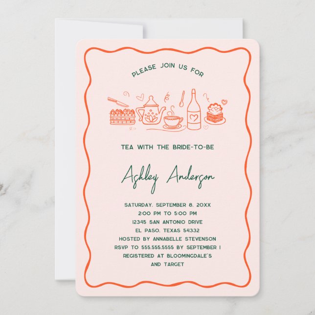 Invitation Fête des mariées de thé Whimsical Doodé main (Devant)