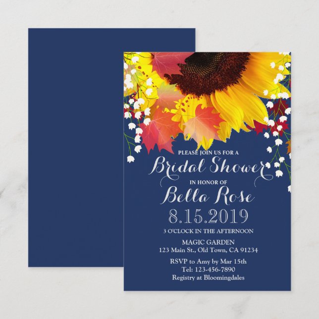 Invitation Fête des mariées de tournesol bleu marine Invitati (Devant / Derrière)