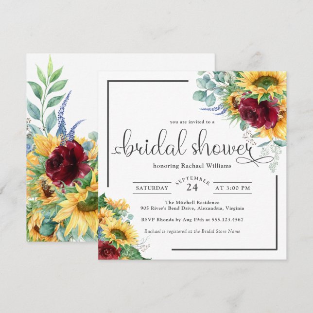 Invitation Fête des mariées de tournesols d'aquarelle claire (Devant / Derrière)