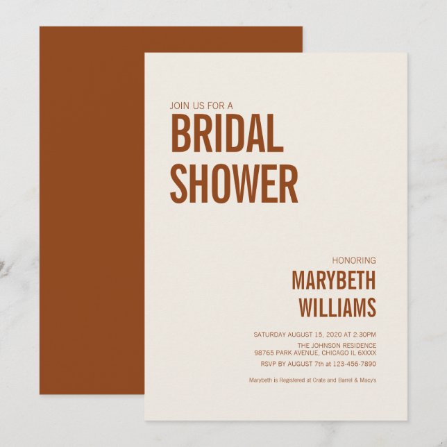 Invitation Fête des mariées de typographie en terre cuite sim (Devant / Derrière)