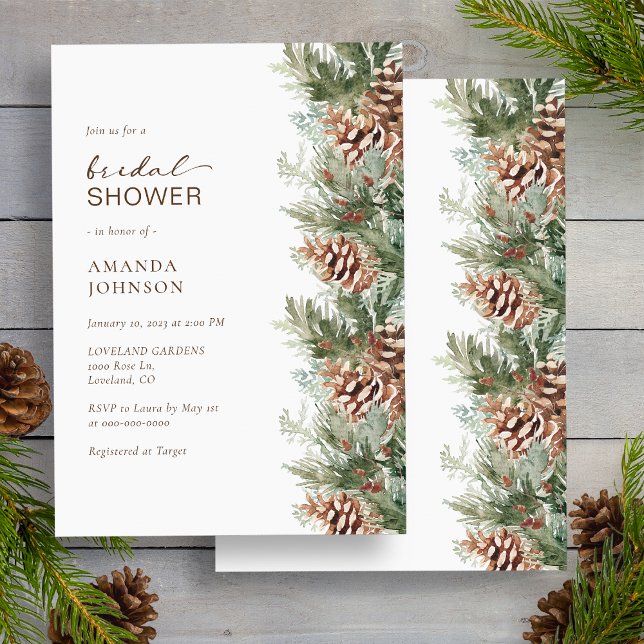 Invitation Fête des mariées de vacances d'hiver (White Pine Evergreen Winter Holiday Bridal Shower Invitation by Painted Paperie
)