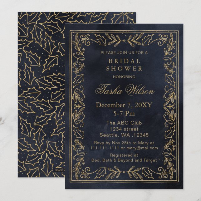 Invitation Fête des mariées de vacances Gold Navy Winter Foli (Devant / Derrière)