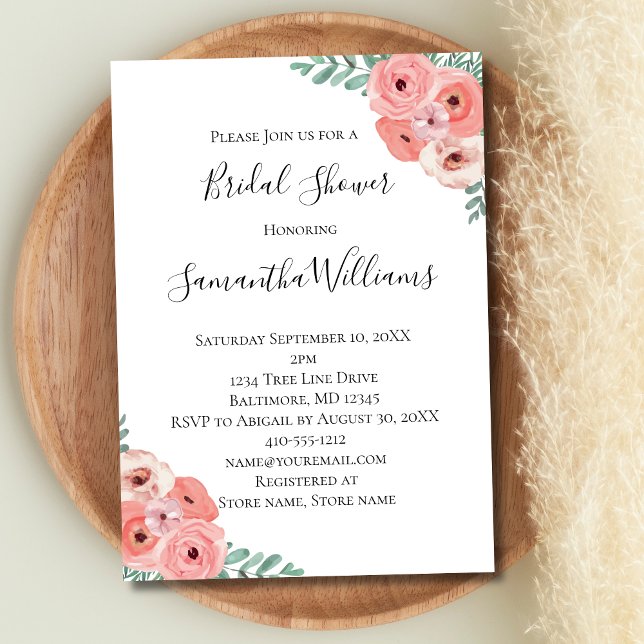 Invitation Fête des mariées de verdure florale rose blanc (Pink Floral Watercolor Bridal Shower Invitation)