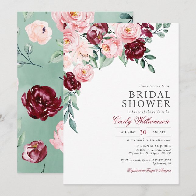 Invitation Fête des mariées de verdure rose bordeaux (Devant / Derrière)