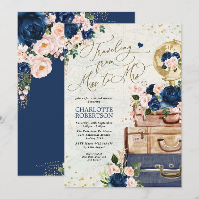 Invitation Fête des mariées de voyage Blush de la Marine Mlle (Devant / Derrière)