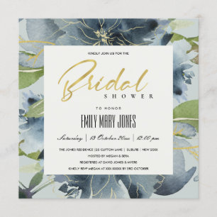 INVITATION FÊTE DES MARIÉES D'EAU FLORALE BLEU GOLD GRIS