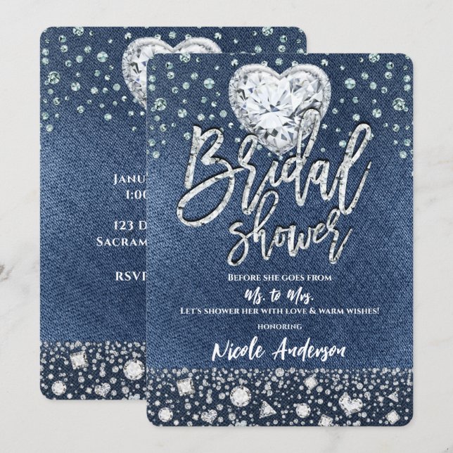 Invitation Fête des mariées Denim & Bling Diamonds Coeur (Devant / Derrière)