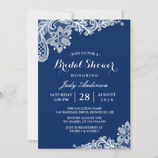 Invitation Fête des mariées dentelle tendance Marine bleue (Devant)