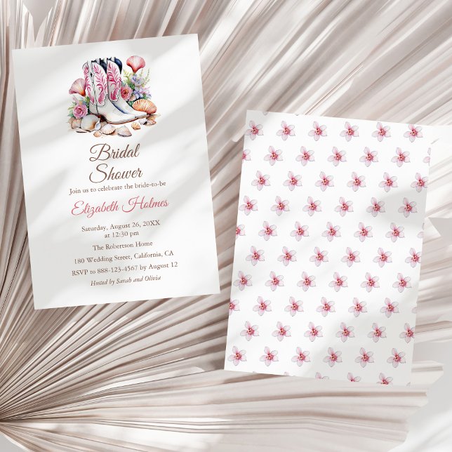 Invitation Fête des mariées des bottes de cowgirl côtières (Coastal Cowgirl Boots Bridal Shower Invitation on a white dry palm leaf.)