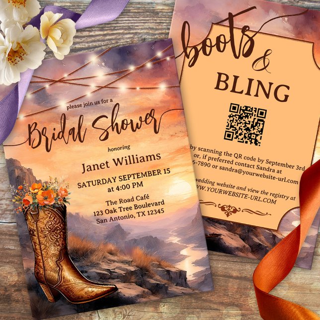 Invitation Fête des mariées des bottes du pays et de l'ouest (Watercolor bridal shower invitation featuring a cowboy boot and string lights outdoors - QR code)