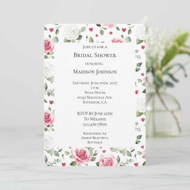 Invitation Fête des mariées des Coeurs Floraux roses (Debout devant)