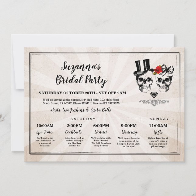 Invitation Fête des mariées des crânes Itinéraire Bachelorett (Devant)