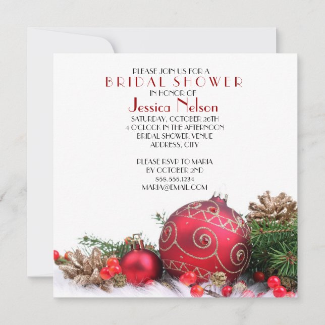 Invitation Fête des mariées des ornements rouges d'hiver (Devant)