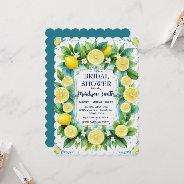 Invitation Fête des mariées d'été chic citron méditerranéen (Devant/Arrière en situation)