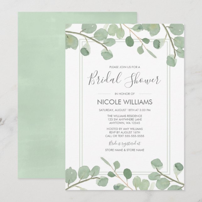 Invitation Fête des mariées d'Eucalyptus aquarelle (Devant / Derrière)