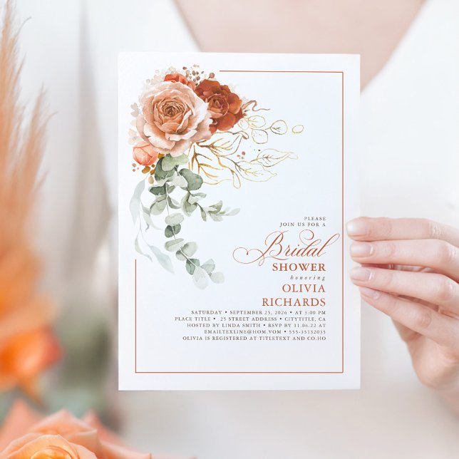 Invitation Fête des mariées d'Eucalyptus orange brûlé en terr (Terracotta Floral Bridal Shower Invitation)