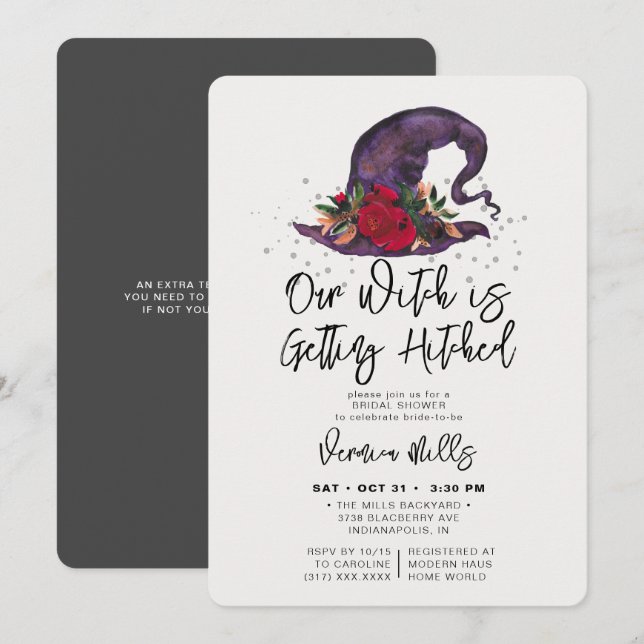 Invitation Fête des mariées d'Halloween gris haché sorcier (Devant / Derrière)