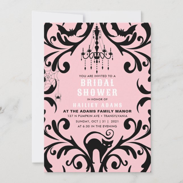 Invitation Fête des mariées d'Halloween rose et noir Damas (Devant)