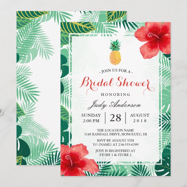 Invitation Fête des mariées d'hibiscus hawaïen à ananas tropi (Devant / Derrière)