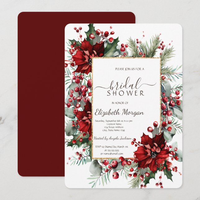 Invitation Fête des mariées d'hiver de vacances Poinsettia (Devant / Derrière)