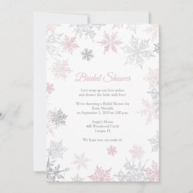 Invitation Fête des mariées d'hiver Dusty Pink & Silver Snowf (Devant)