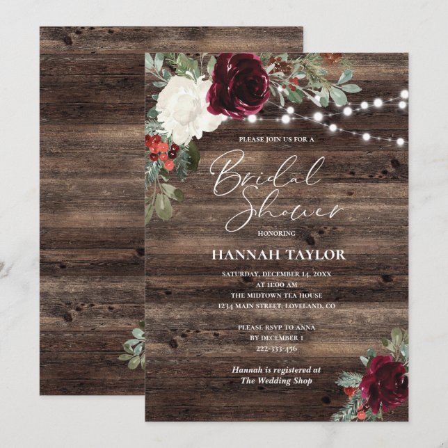 Invitation Fête des mariées d'hiver en bois de Noël rustique (Devant / Derrière)