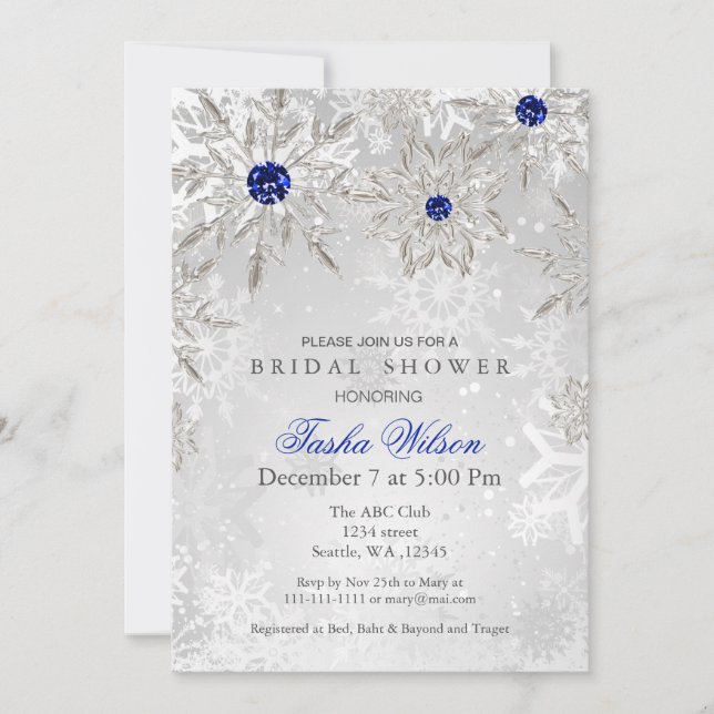 Invitation Fête des mariées d'hiver Silver Royal Blue Snowfla (Devant)