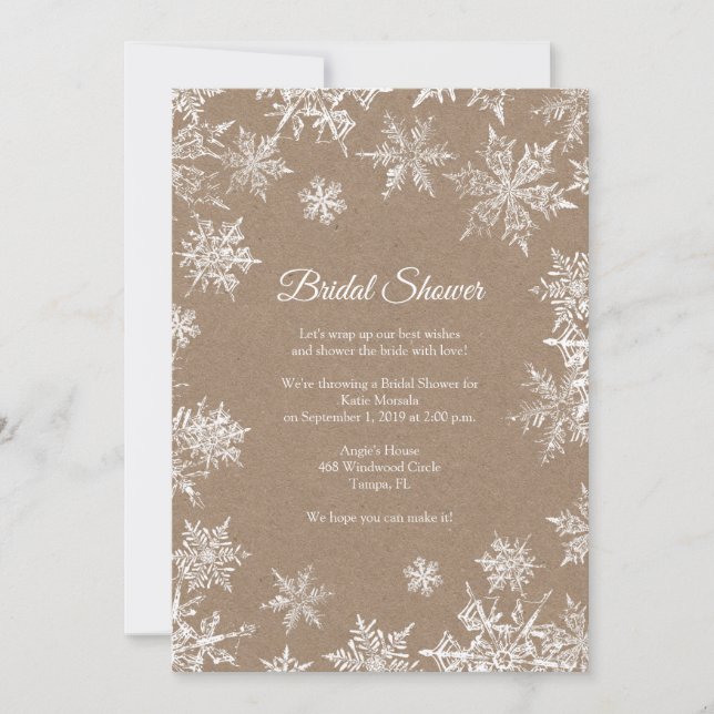 Invitation Fête des mariées d'hiver White & Kraft Snowflakes (Devant)