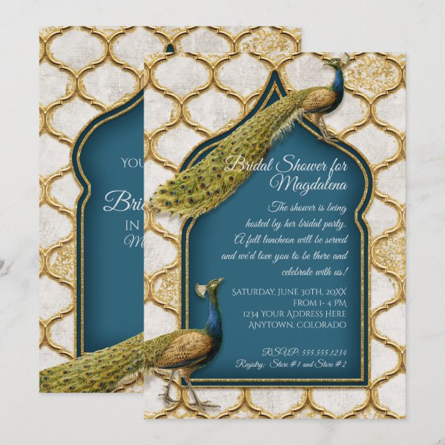 Invitation Fête des mariées d'or Peacock Bleu Arabesque vinta (Devant / Derrière)