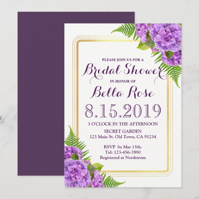 Invitation Fête des mariées d'or violet Hydrangeas Faux Invit (Devant / Derrière)